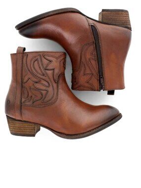 Women's Brown Leather Embroidered Ankle Booties with Side Zip